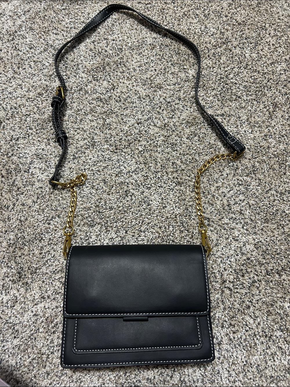 Black Leather Crossbody Bag with Gold Chain Strap